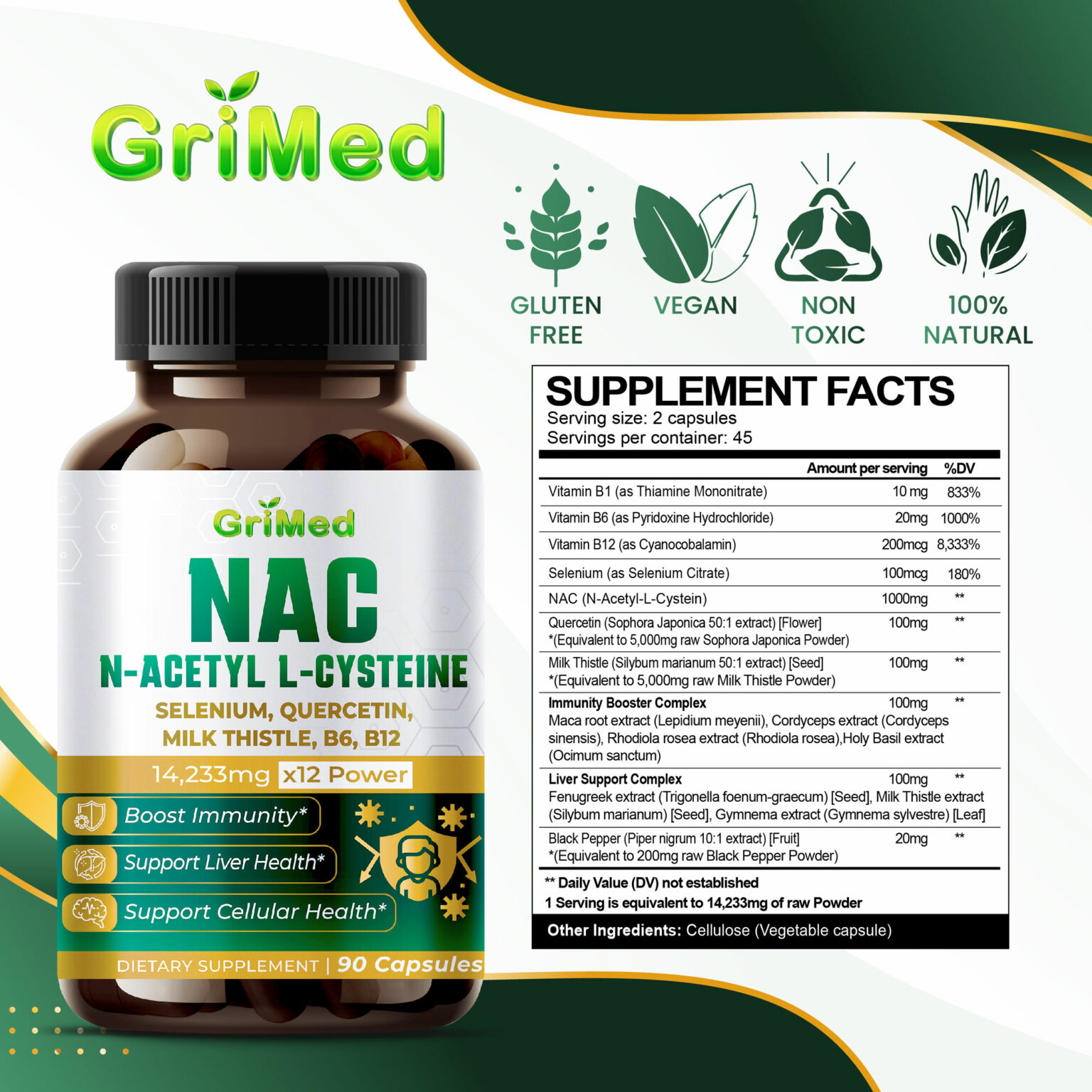 NAC Supplement NAcetyl Cysteine 11,433mg High Purity with Quercetin